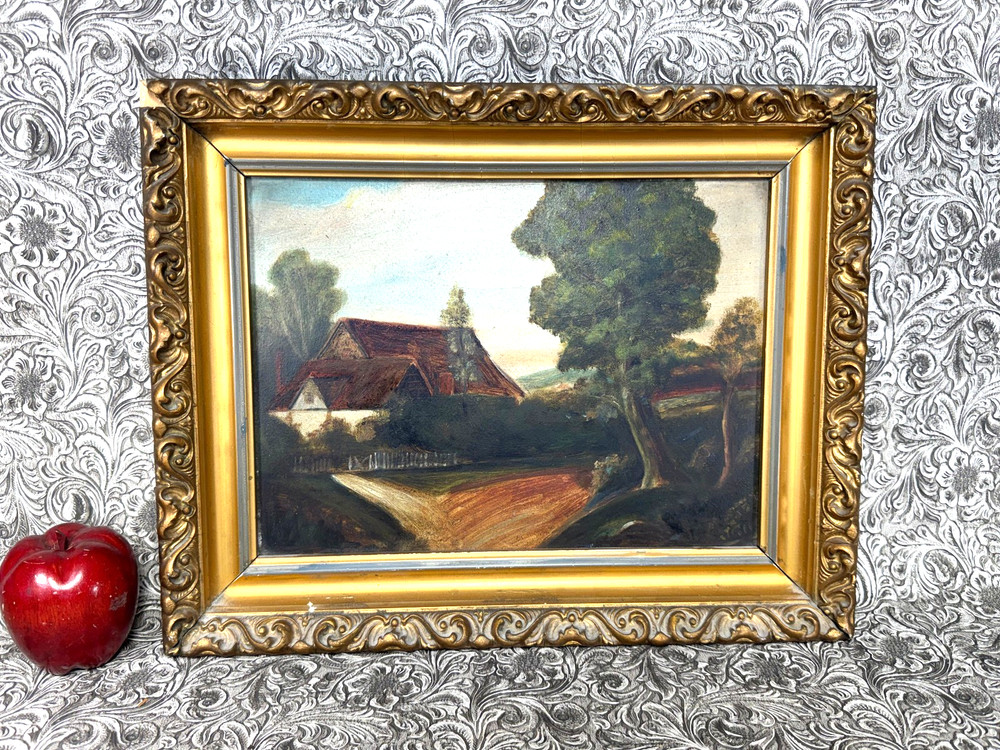 Antique 1913 Oil Painting John Given Pastoral Farm Landscape Gesso Frame