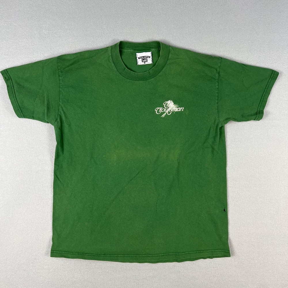 VTG Fly Fishing The Troutsman T Shirt Mens Large Green Faded 1990s Lure USA
