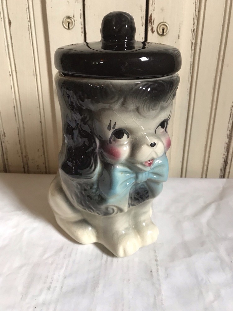 American Bisque Gray Poodle Blue Tie Cookie Jar Vintage 1950's HTF Color