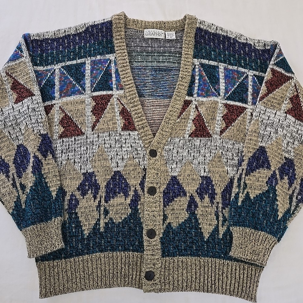 VTG 90s Sweater Graphix Cardigan Abstract Geometric Southwest Men's XL Grandpa-image