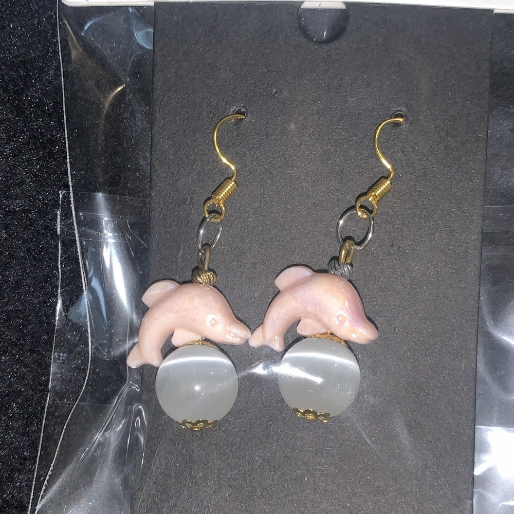 Handcrafted Pink Dolphin Dangle Hook Earrings White Beads Plastic Unisex