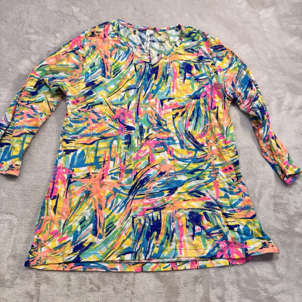 LULU B Pink  Bright Multi V-Neck 3/4 Sleeve Stretch Top Women’s Size Small