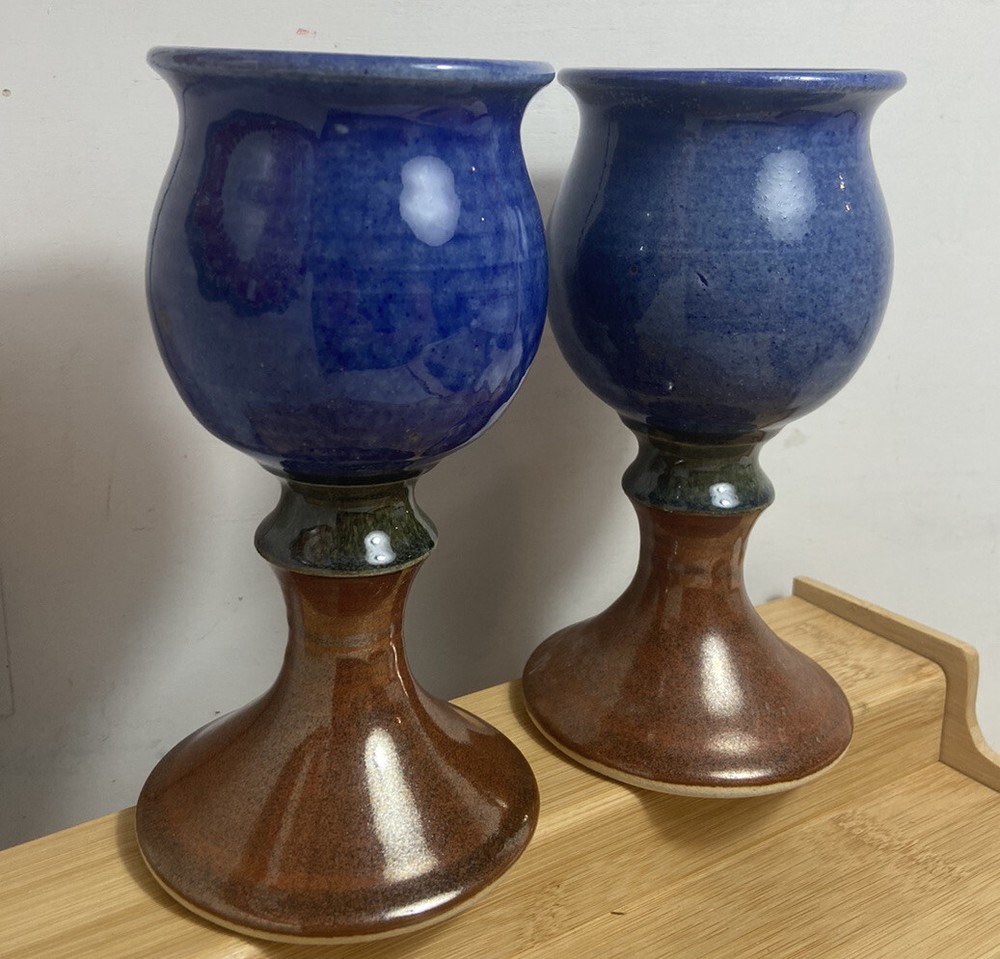 Vtg Studio Art Pottery Goblet Stoneware Chalice Handmade Thrown ALAN MINER NM x2