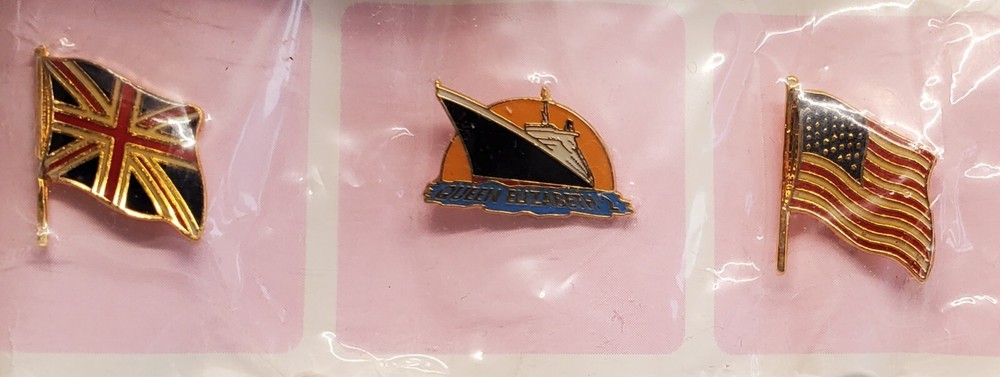 Vintage Queen Elizabeth 2 Cruise Ship Souvenir Lapel Pin SET OF 3 USA GB Flag