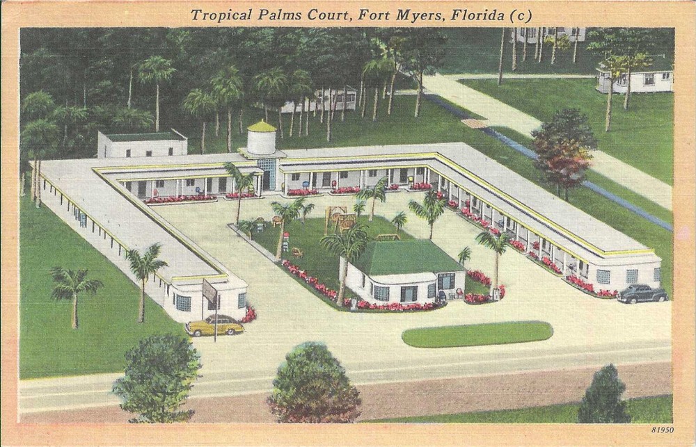 1953 Fort Myers Florida FL ~Tropical Palms Court ~Linen Postcard Posted BirdsEye