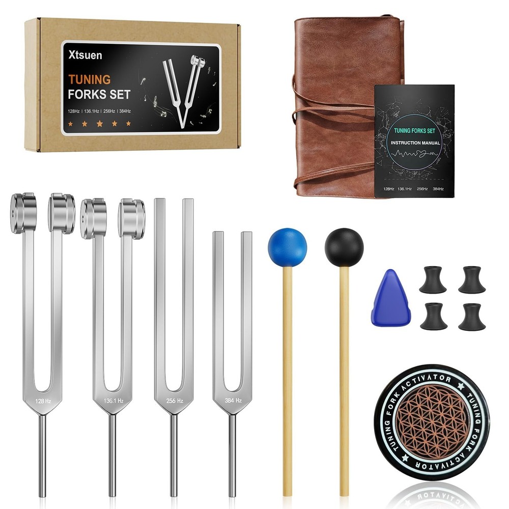 Tuning Fork Kit for Healing - 128Hz, 136.1Hz, 256Hz, 384Hz Weighted & Unweigh...