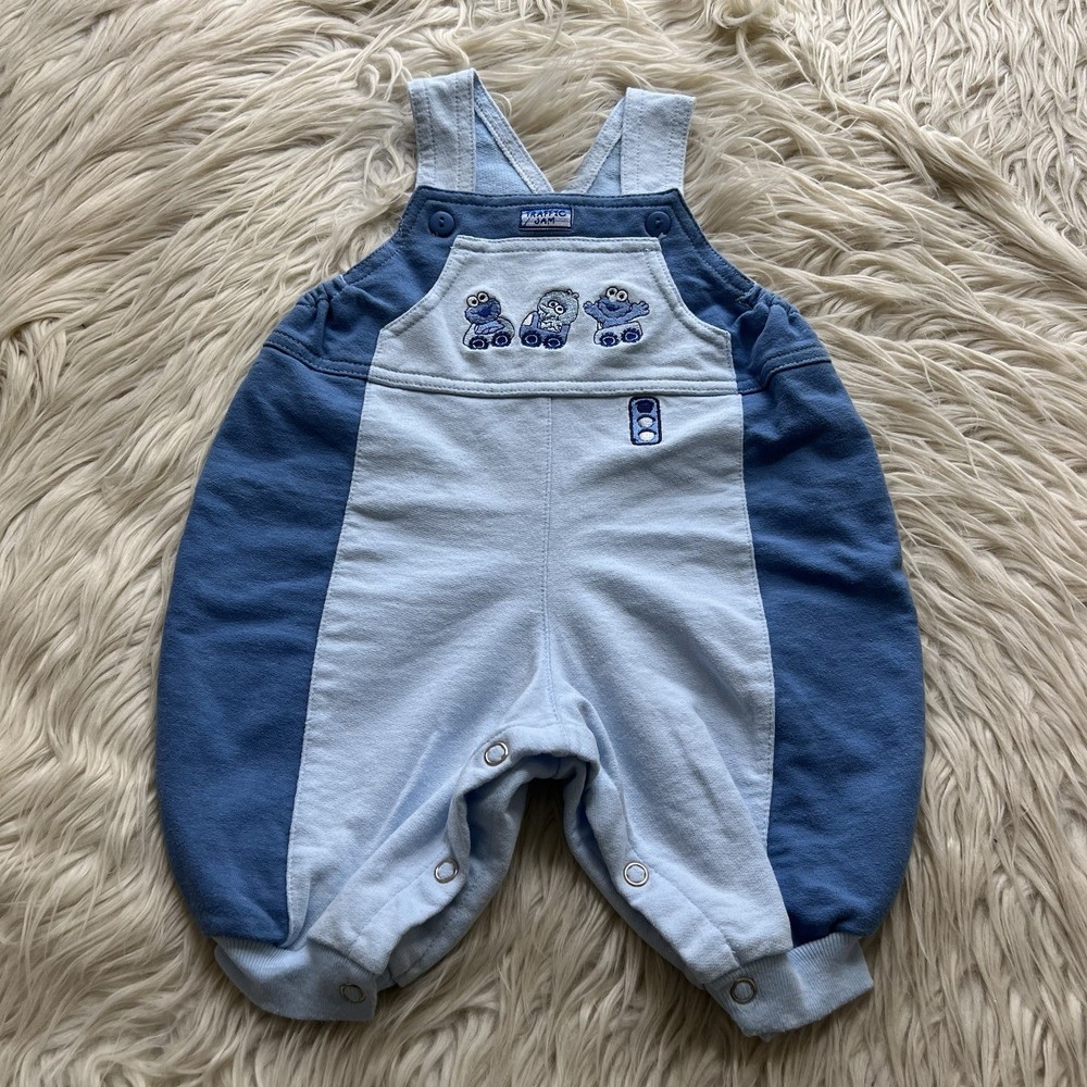 Vintage Sesame Street Elmo Overalls Romper Embroidered Blue Baby 3-6 Months