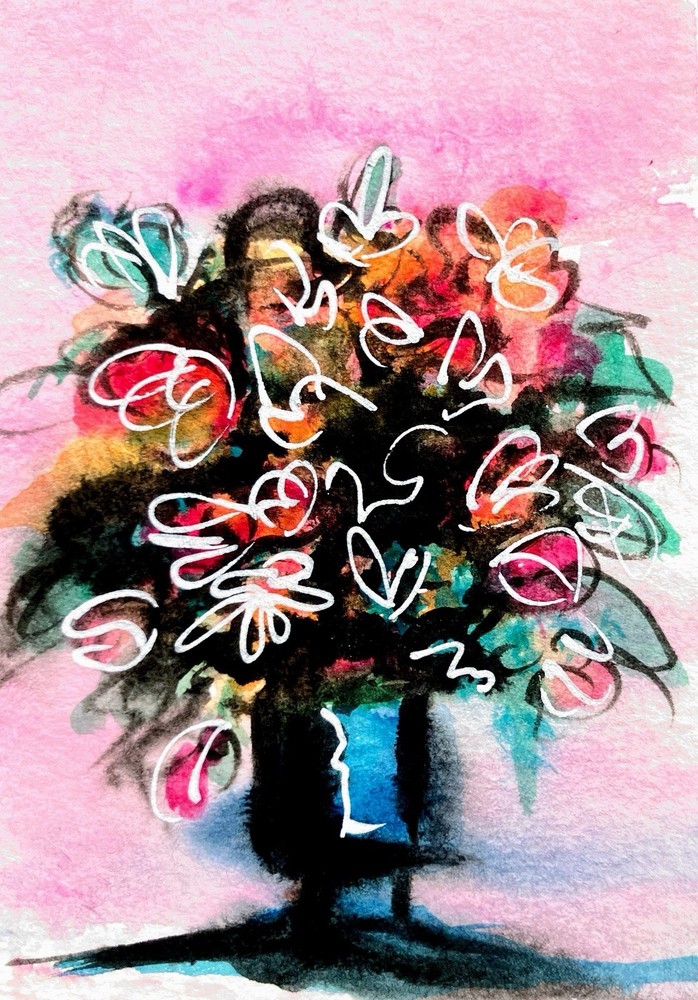 ACEO Original Watercolor Flowers Dark Beauty Pink Painting Series Four Of Four