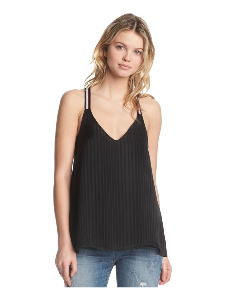 KIIND Womens Black Striped Spaghetti Strap V Neck Top in XS