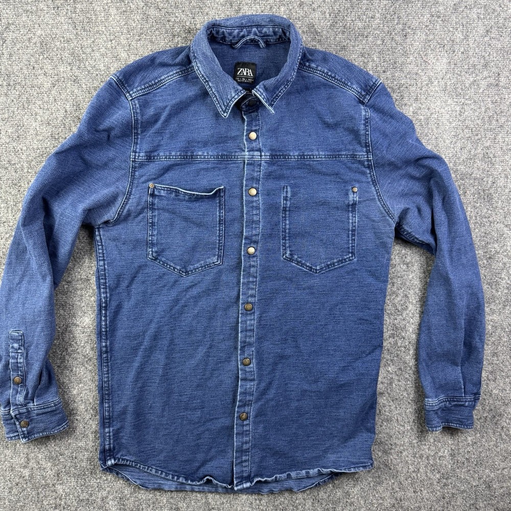 Zara Blue Denim Shirt Men’s Size Large Button Down Cotton Pocket Casual