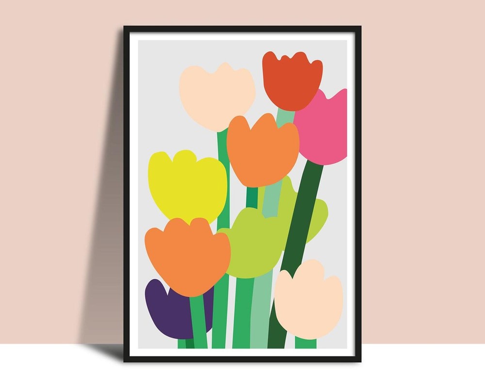 Printable Big Bright Flowers Wall Art Instant Flat Illustration Tulips Red