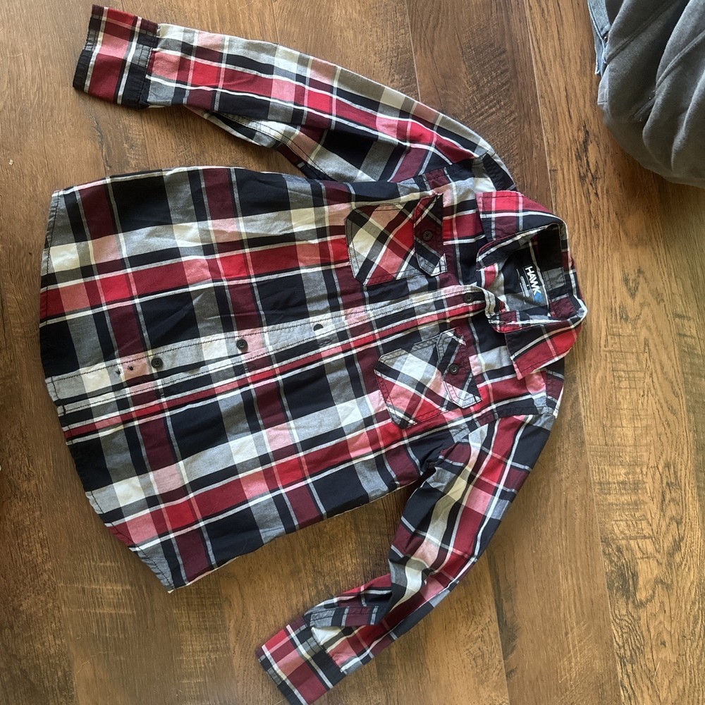 TONY HAWK Boys Sz S - Red Black & Gray Plaid Striped Button Down Shirt