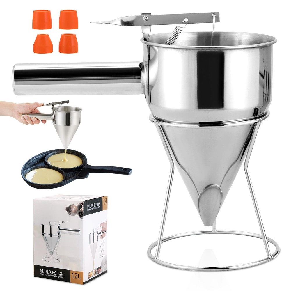 40OZ Stainless Steel Pancake Batter Dispenser, Multi-Caliber Funnel Cake Disp...