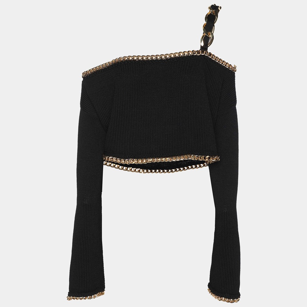 Balmain Black Rib Knit Chain Trim Off The Shoulder Crop Top M