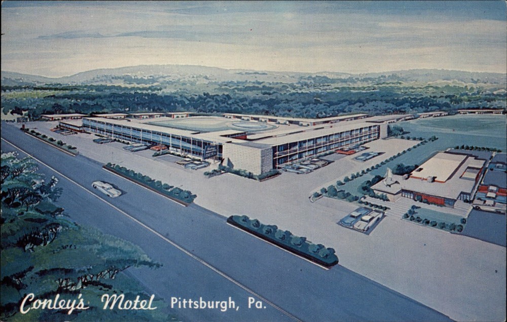 Conley's Motel Pittsburgh Pennsylvania aerial artist rendering ~ 1950s postcard