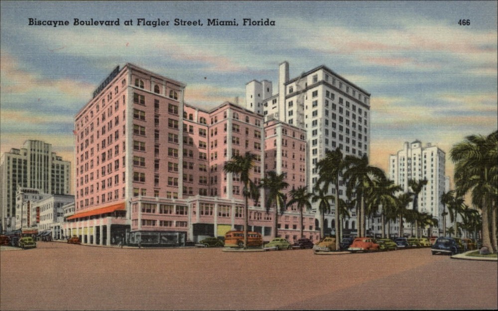 Biscayne Boulevard at Flagler Street Miami Florida ~ 1940s cars ~ linen postcard