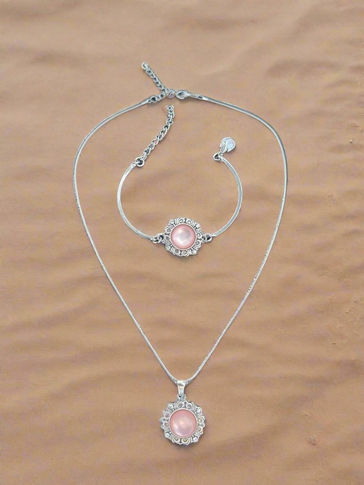 Pink Stone Silver Snap Button Jewelry Necklace and Bracelet Set