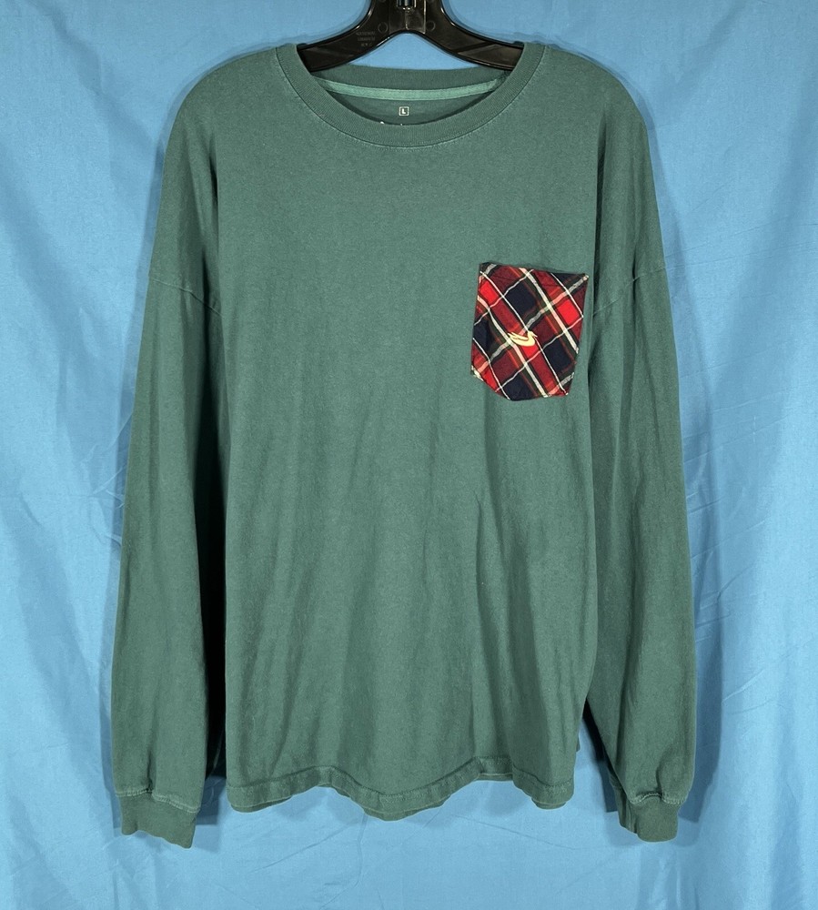 SOUTHERN MARSH Green T-SHIRT Navy/Red Plaid Logo & Pocket LONG SLEEVE Unisex L