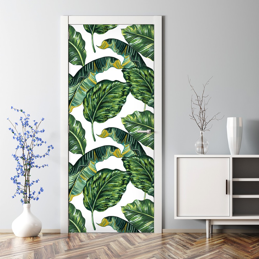 Monstera Green Exotic Watercolor Bubble-Free Self-Adhesive Door Sticker