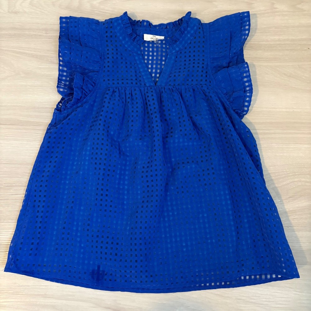 Entro Blouse Women Royal Blue Grid Textured Flutter Sleeve Babydoll Top Size M
