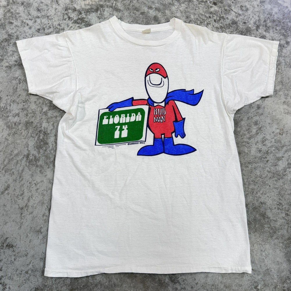 Vintage Bud Man Shirt Mens Extra Large White Anheuser Busch 1974 Florida Tee 70s