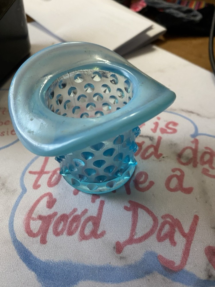 Vintage Fenton Art Glass~Blue Opalescent Hobnail Top Hat Vase Toothpick Holder