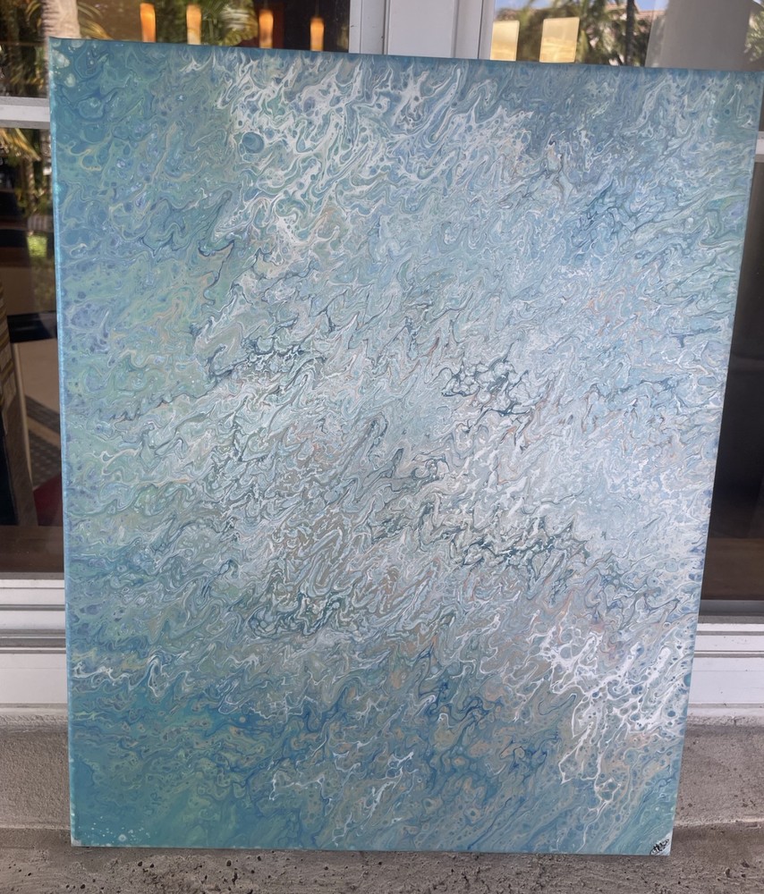 Abstract acrylic fluid art on canvas, with shades of aqua, green & white. Decor.-image