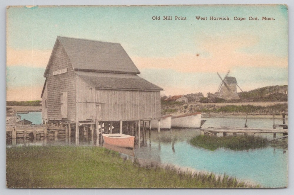 Old Mill Point West Harwich MA Hand Colored Postcard Albertype Co. Windmill
