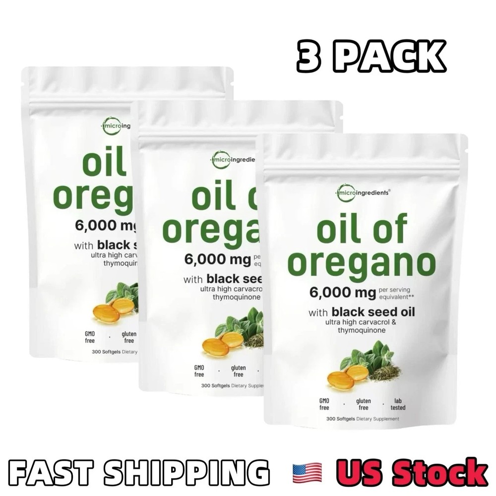 3 Pack Oil of Oregano with Black Seed Oil, 300 Softgels NEW Microingredients.