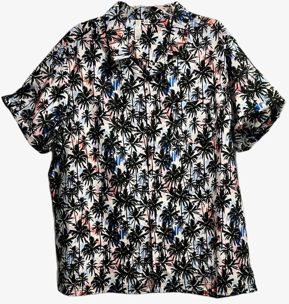 Tropical Palm Tree Shirt Mens Size XL Short Cuffed Sleeves Pocket Button Up