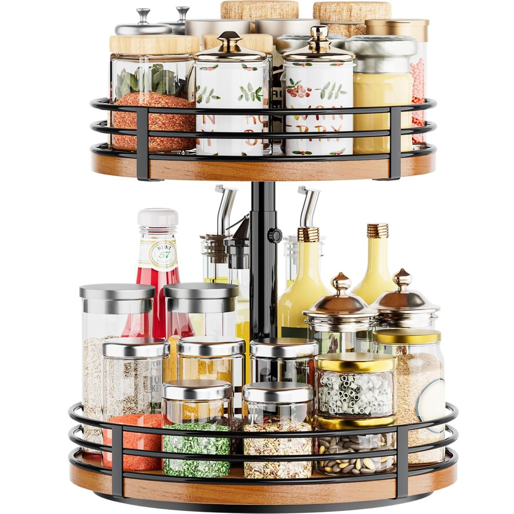 Lazy Susan Turntable Organizer Adjustable - 2 Tier Wood Rotating Spice Rack 1...