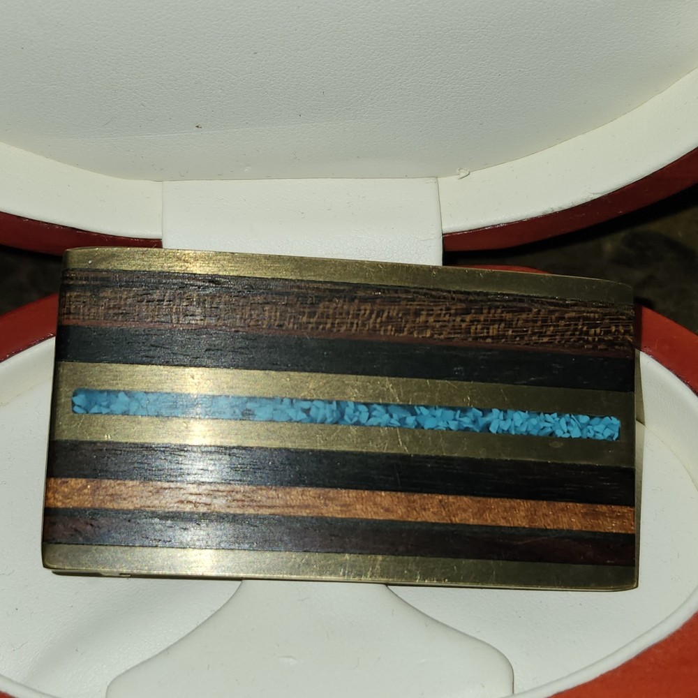 Kenneth Reid Vintage Turquoise Mixed Wood Inlay On Brass Belt Buckle