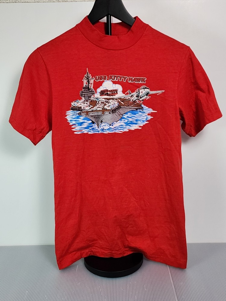 Vintage US Navy USS Kitty Hawk Licensed 1983 Red Shirt Size S Hanes Beefy Tag