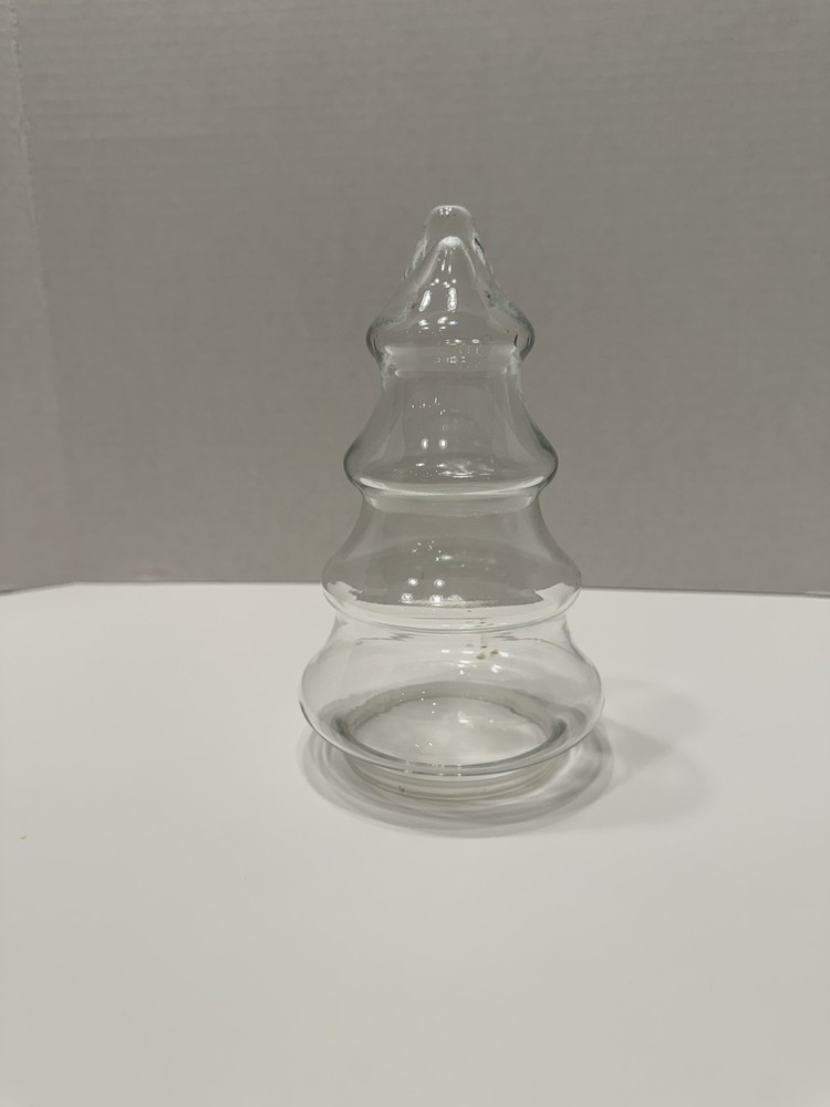 Vintage Clear Glass Christmas Tree Candy Jar Bottom Plastic Lid 7.5