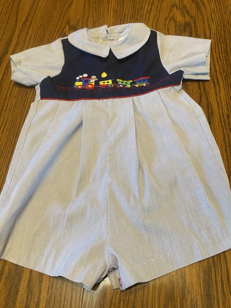 Vintage Baby/white Boy Smocked Outfit size 18M Blue Striped Train Embroidered