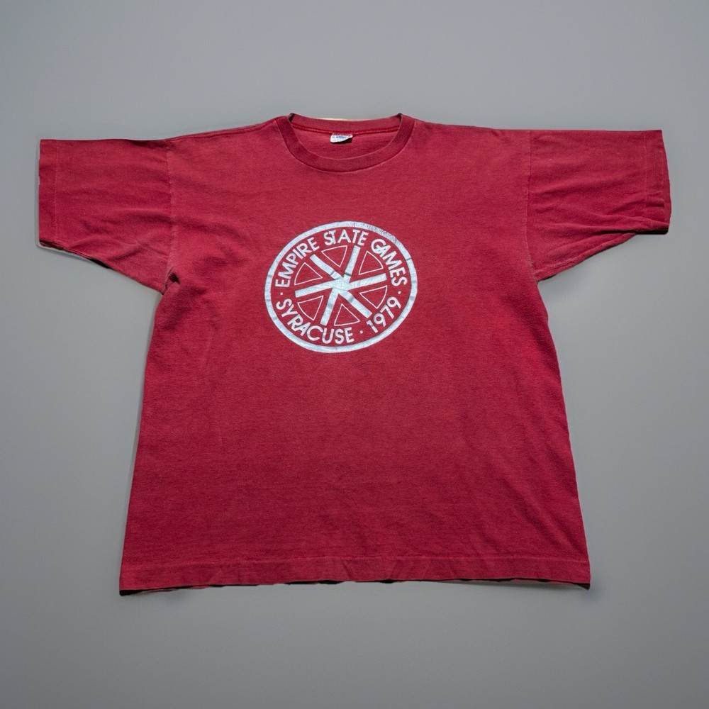 Vintage 1979 Empire State Games Syracuse New York Blue Bar Champion Shirt Large