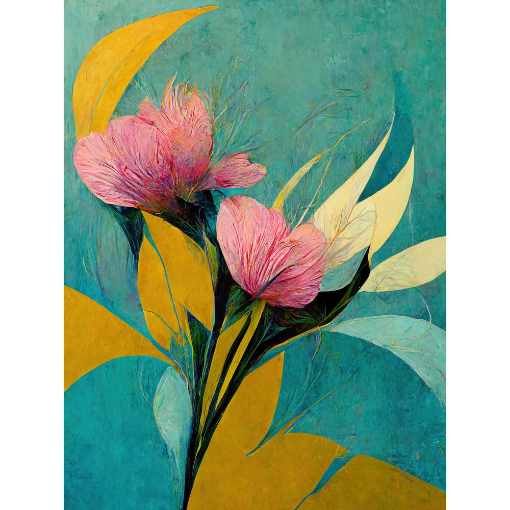 Abstract Teal Pink Mustard Flower Painting Huge Wall Art Poster Print Giant