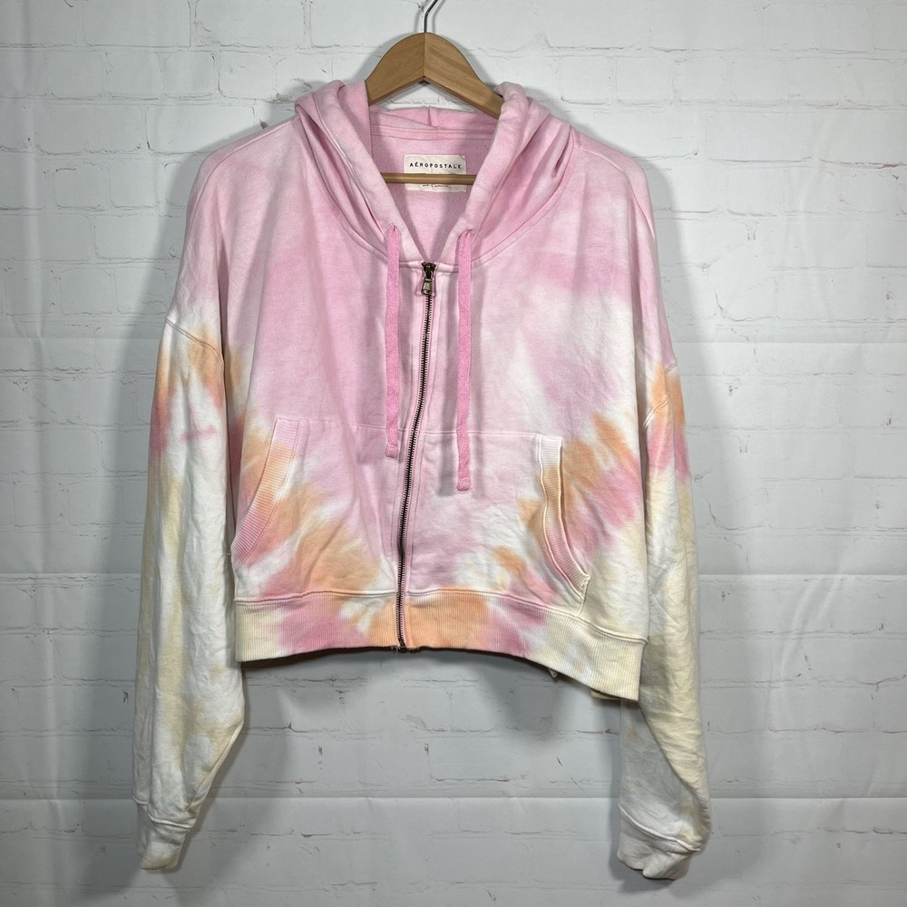 Aeropostale Tie Dye Cropped Full Zip Hoodie Sweatshirt Womens Size XXL Pink
