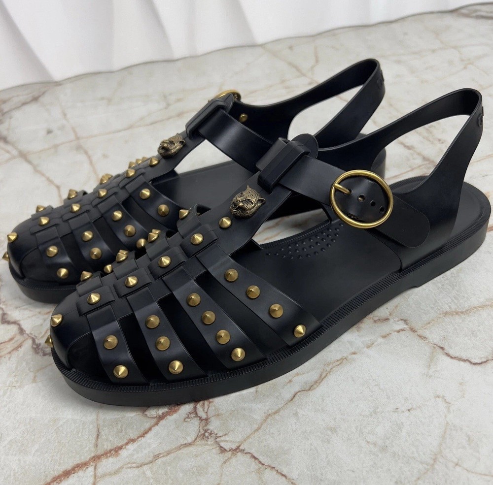 Spring Must-Have: Gucci Glossy Studded Sandals Mules Flats Slide Flip Flop