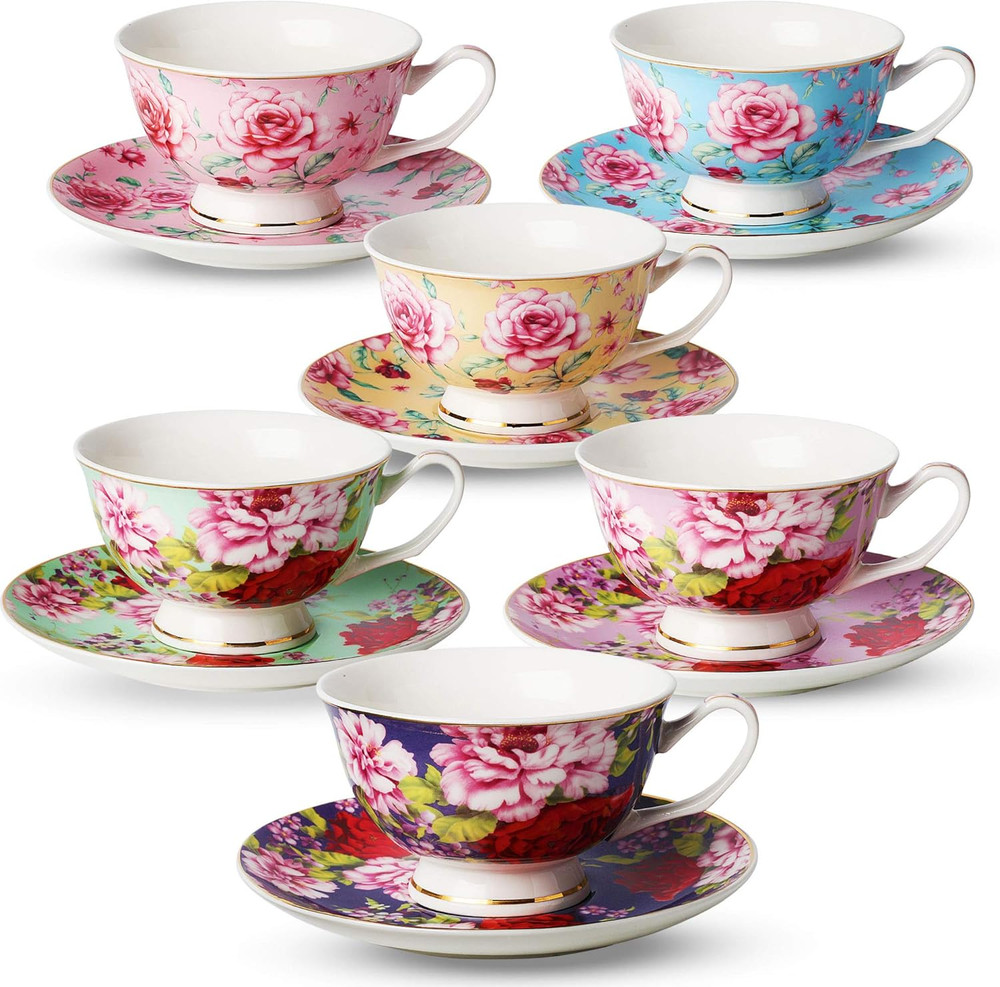 Btat- Tea Cups and Saucers, Set of 6, 8 Oz, Floral Design, Porcelain Tea Cup Set