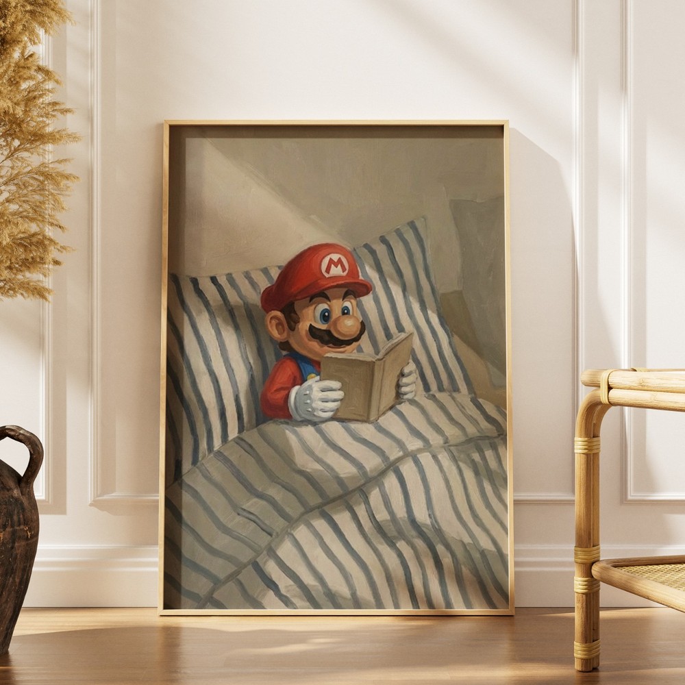 Super Mario Reading Book Oil Painting Poster Print Wall Art Nintendo Room Decor