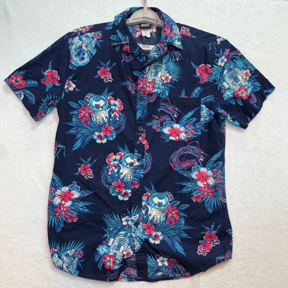 Star Wars Hawaiian Shirt Mens Small R2-D2 Millennium Falcon Floral Button Up
