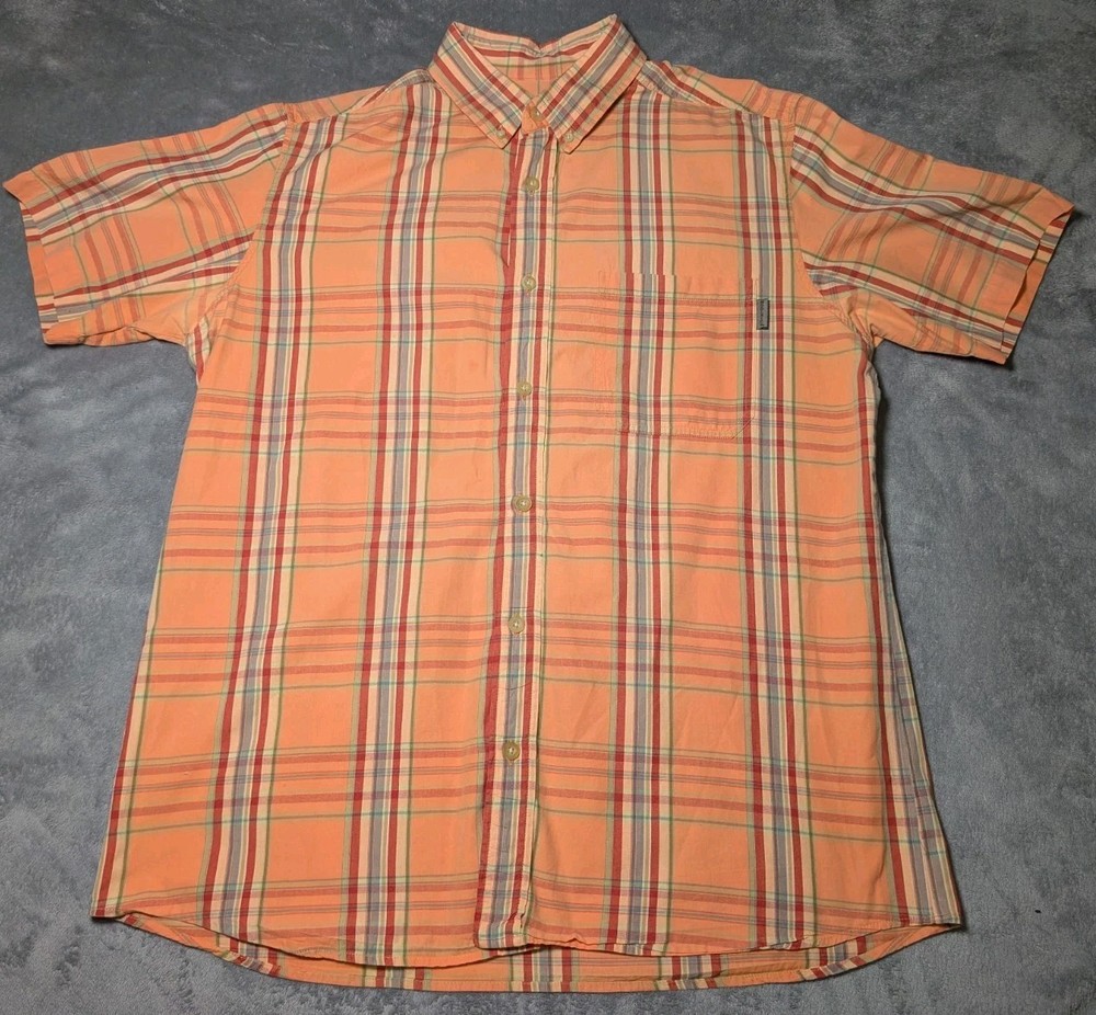 Woolrich Short-Sleeve Plaid Striped Button Up Shirt Mens Size Large Orange