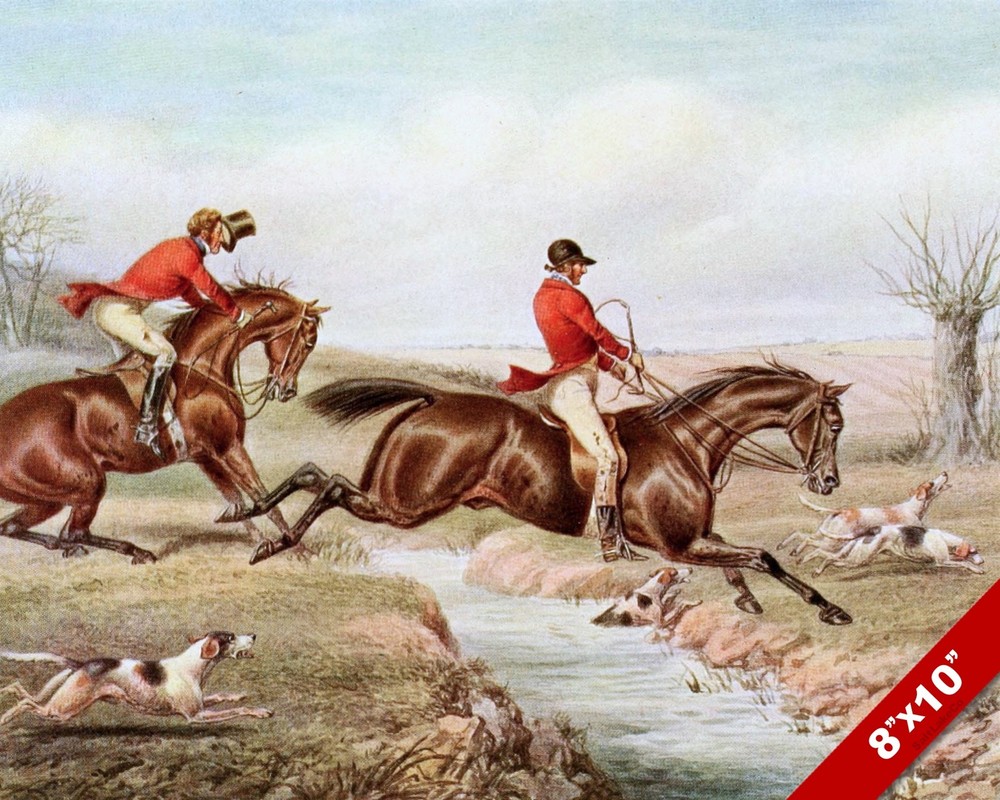 FOX HUNT HORSE JUMPING BROOK EQUESTRIAN HUNTING ART PAINTING REAL CANVAS PRINT