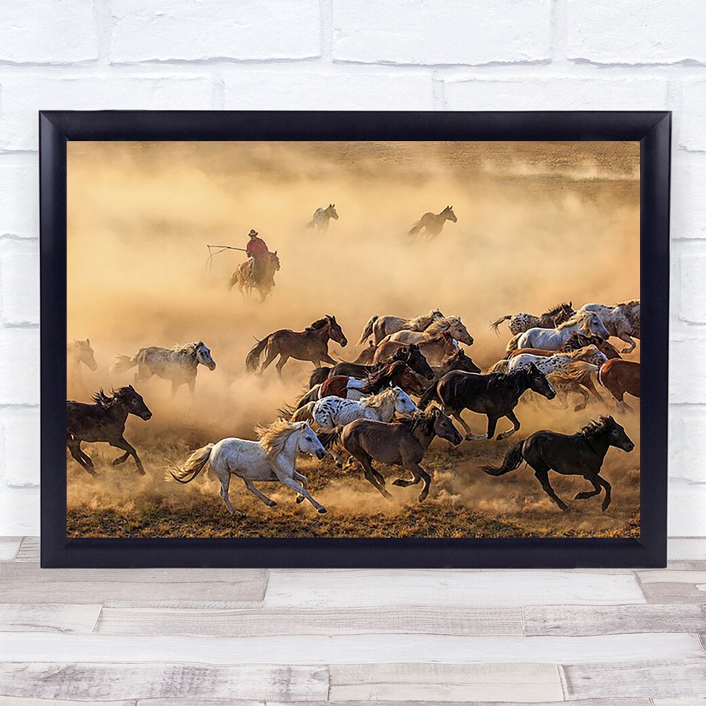 Horse run Action Horses Animal Animals Herd Flock Rider Ride Wall Art Print