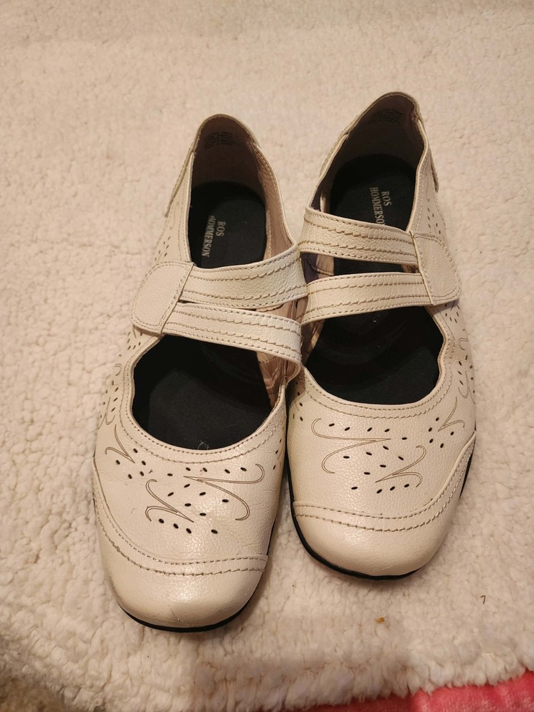 Ros Hommerson Mary Jane Beige Leather Comfort Strap Flats Women's Shoes