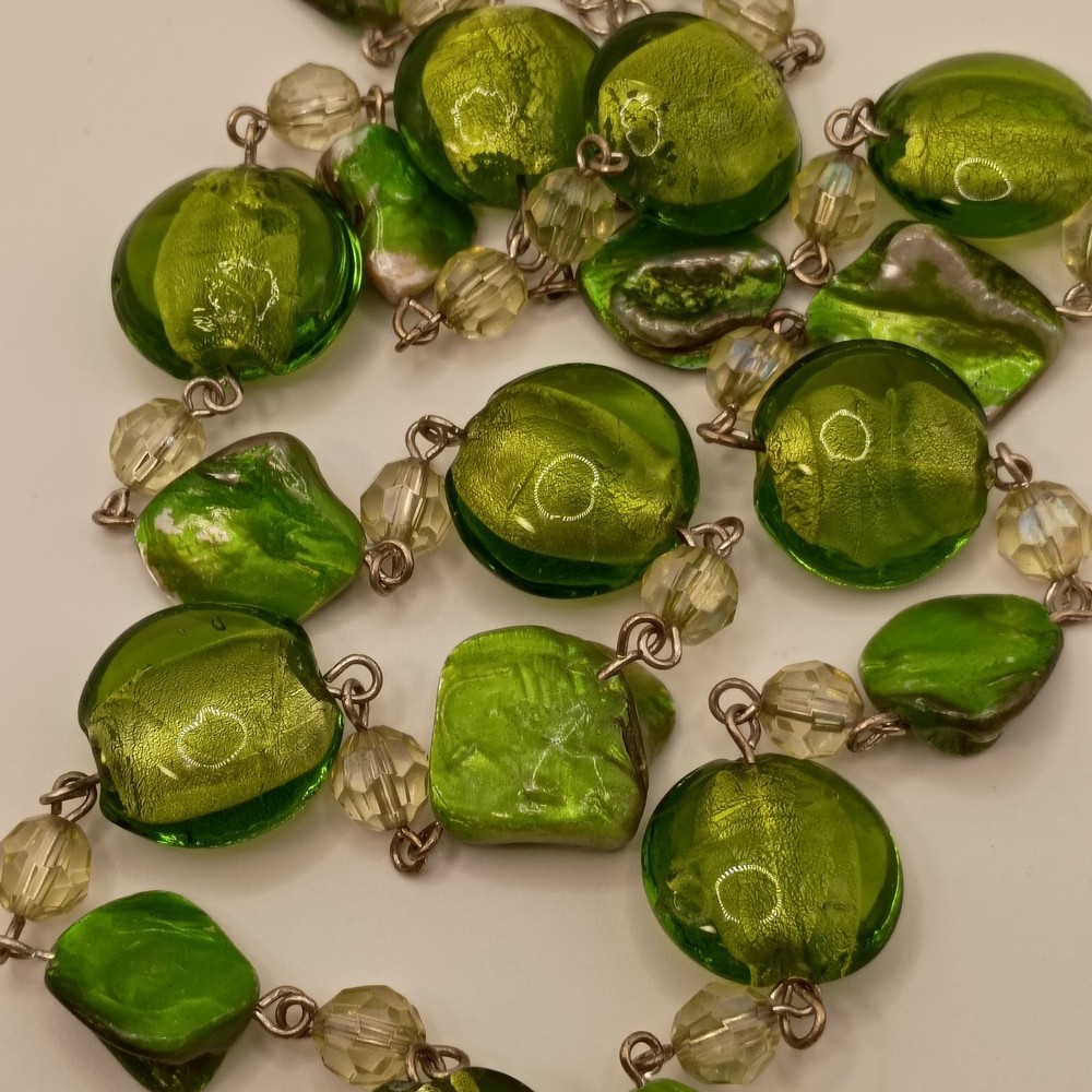 Vintage Green Glass & Abalone Beaded Necklace 29'' Enamel Gorgeous READ