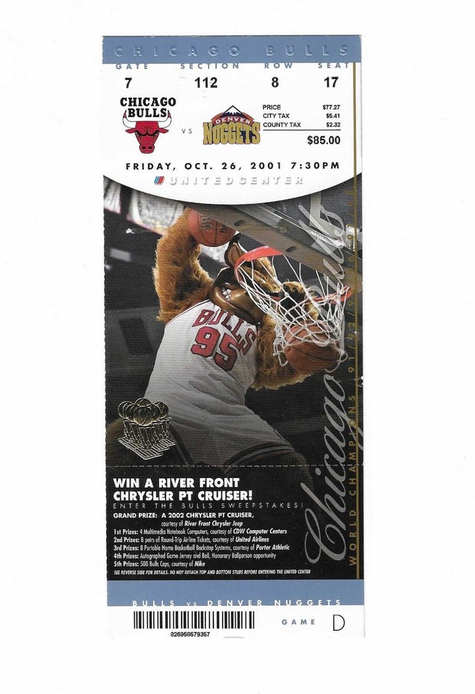 Chicago Bulls vs Denver Nuggets Unused Basketball Ticket from 10/26/2001