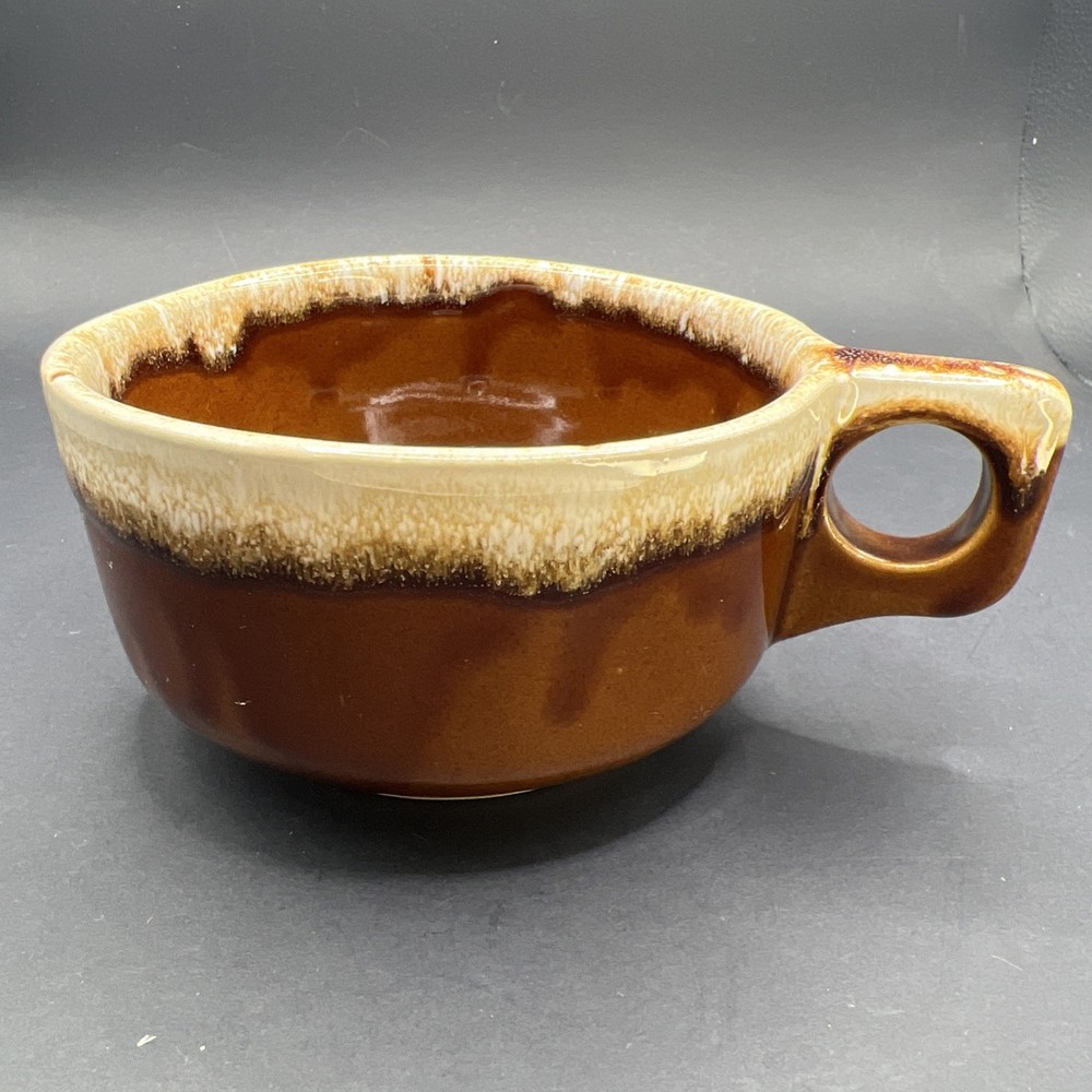 Vintage Maple Leaf Western Stoneware Brown Drip Glaze Soup Bowl Mug With Handle
