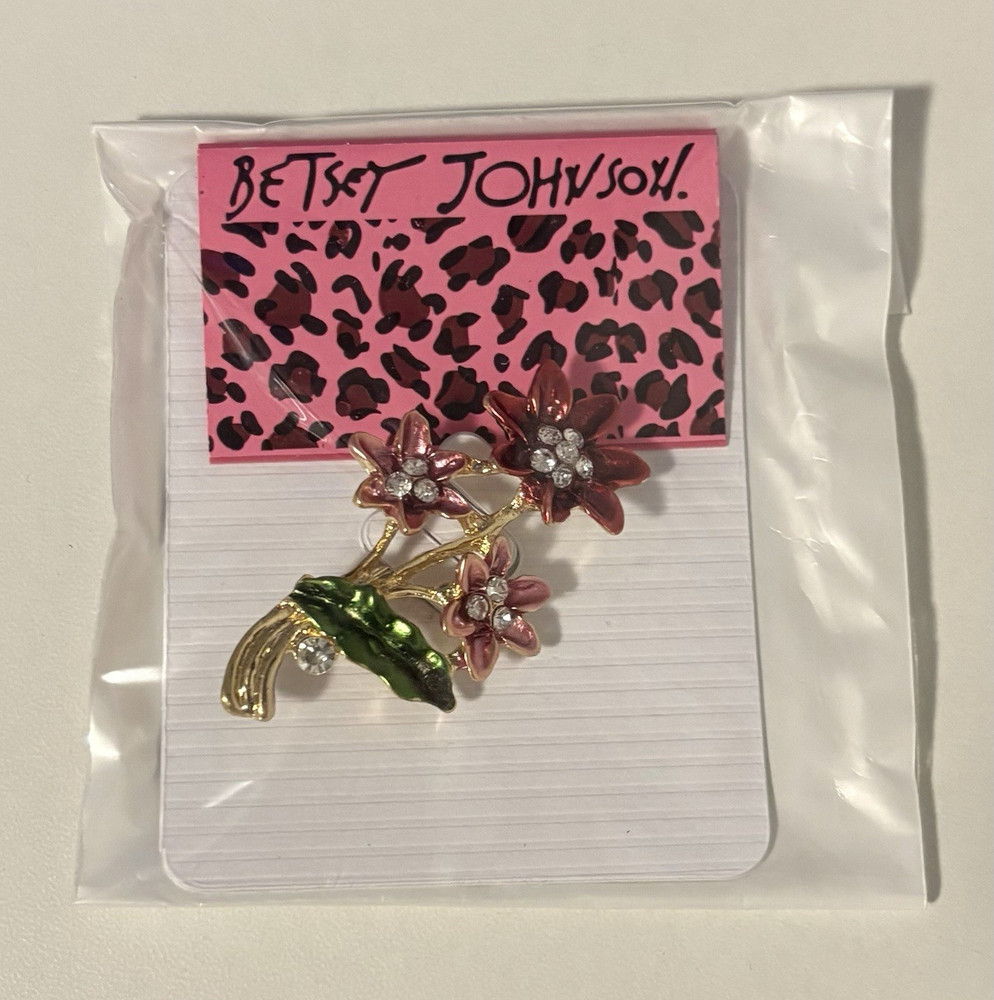 Betsey Johnson Gold Tone Pink Flower Enamel Round Rhinestone Brooch Pin
